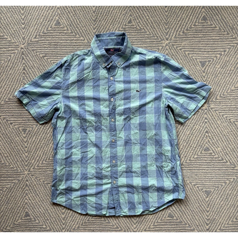 Vineyard Vines Slim Fit Whale Short Sleeve‎ Button Shirt - Blue/Green - Large
